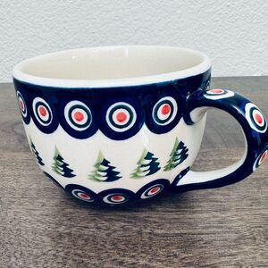 Polish Pottery Boleslawiec Christmas Peacock Circles Holiday Ceramic Mug Cup